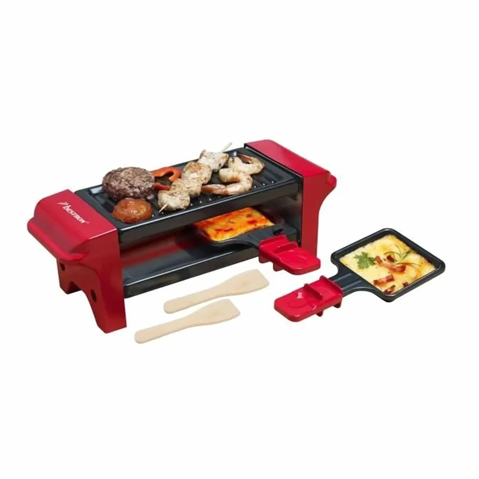 Bestron Mini Raclette per 1-2 Persone, Mini griglia da tavolo con 2 padelline e 2 spatole in legno, Piastra per Raclette con 350 watt, colore: Rosso/Nero