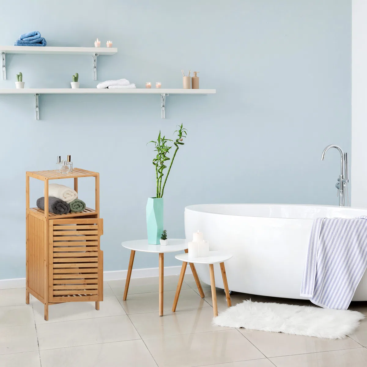Relaxdays Mobile per Il Bagno, in bambù, 2 Ripiani Aperti, Salvaspazio, 2 Scomparti Chiusi, HxLxP: 87x36,5x33 cm, Natura