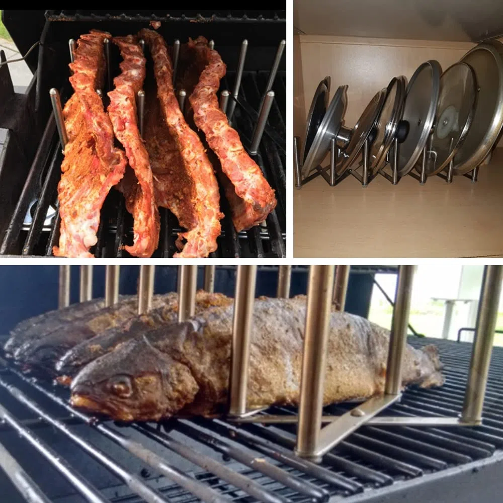 Supporto per coperchio a costine, 2 pezzi, in acciaio inox, lunghezza regolabile, supporto per coperchio multifunzione, per cucina e barbecue