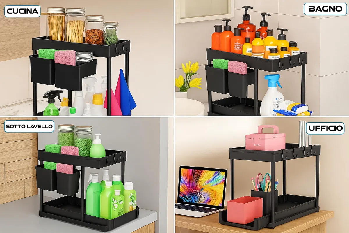 Generico Organizer Sottolavello Cucina Bagno con Cassetti Estraibili, Porta Detergenti e Accessori, Scaffale Salvaspazio Multiuso, Struttura Robusta, Facile da Montare, Design Moderno