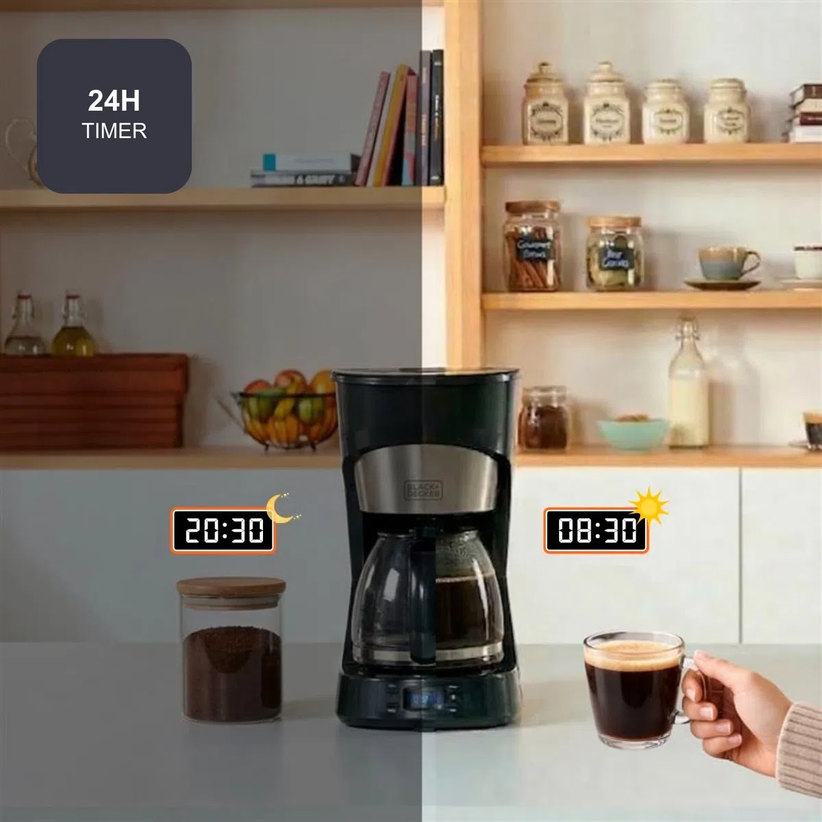 BLACK+DECKER – Macchina da caffè americano BXCO1002E | 1000W | 12 tazze | Timer 24h | Controllo digitale | Sistema antigoccia | Piastra riscaldante | Auto-off | Filtro lavabile | Inox antigraffio