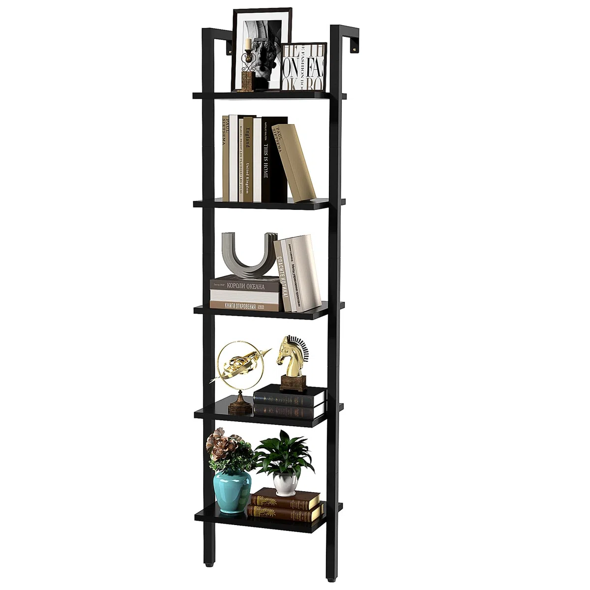 YMYNY Libreria, Scaffale a Scala, Contro Parete a 5 Ripiani, Scaffali Aperti per Casaper, Soggiorno, Ufficio, Cucina, Camera da Letto, 40 x 30 x 178CM, Industriale, Nero HBC015B