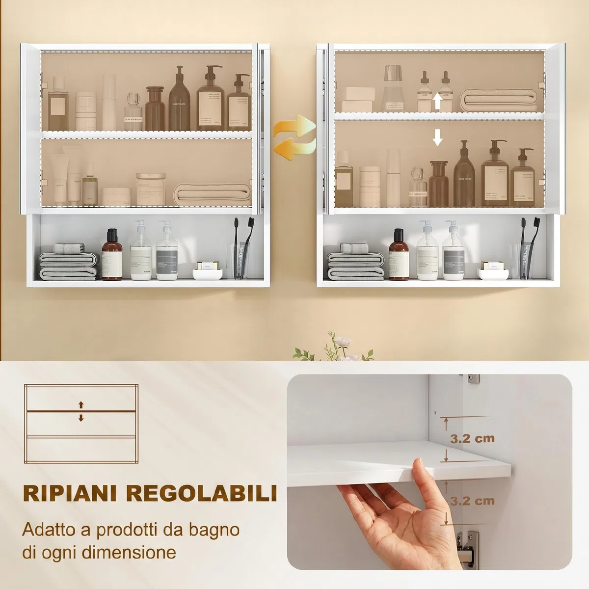 HOMCOM Mobile Bagno da Parete, Mobiletto Bagno Pensile Sospeso Moderno con Anta Soft Close, 2 Ante Specchiate, Scomparto Aperto, Ripiano Regolabile, per Soggiorno e Ingresso, Salvaspazio, Bianco
