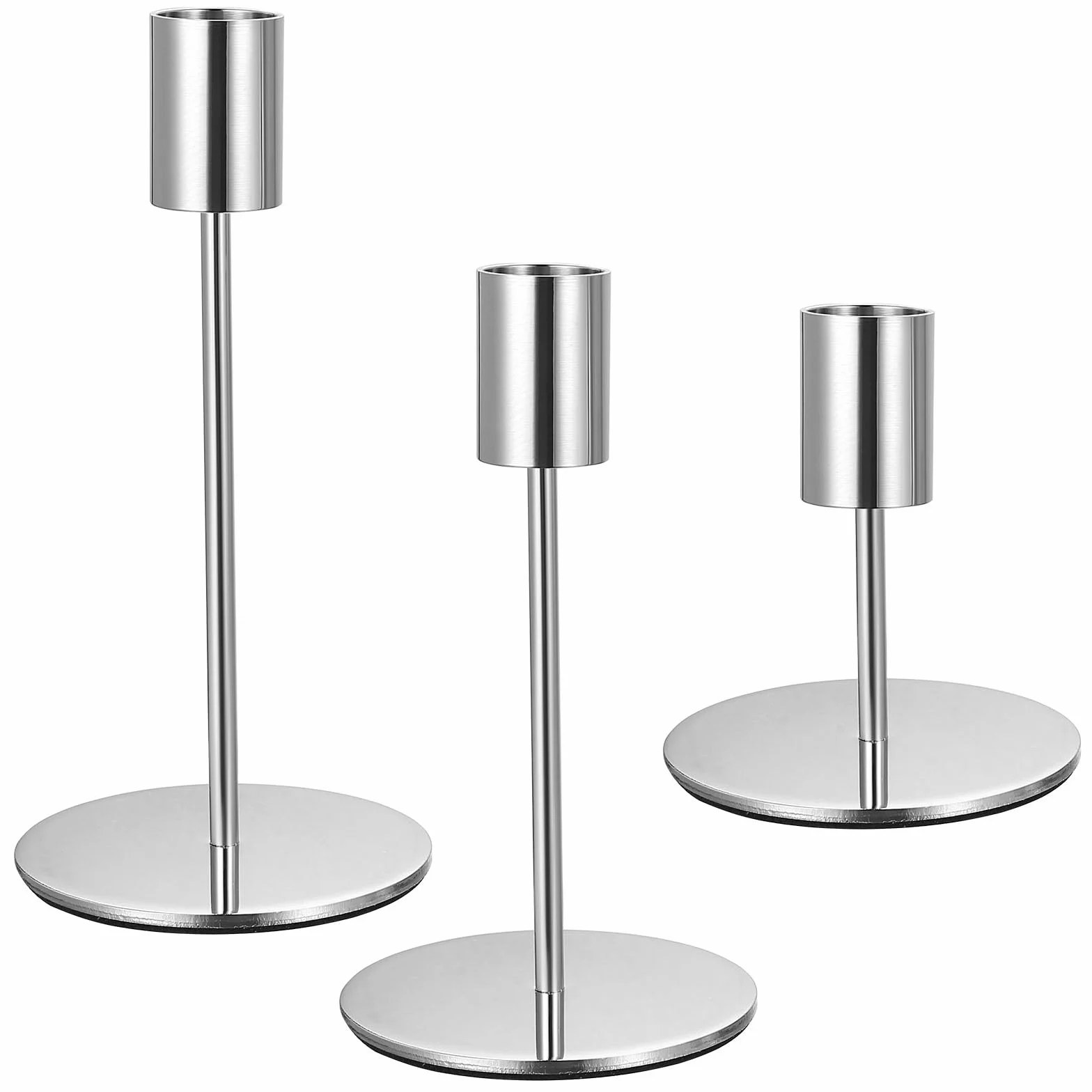 3 Pz Porta Candele da Tavolo, Portacandele Argento, 8.5/14/16cm Candelabro Portacandele in Metallo per Candela cilindrica, Candeliere da Tavolo per Matrimoni Compleanni Natale Decorazioni(Argento)