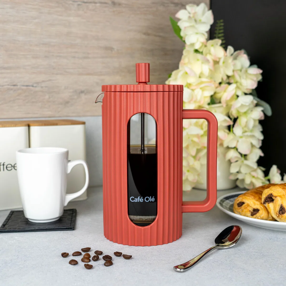 Café Olé Ciao 8 Cup Cafetière, garza in acciaio inox, French Press, rosso
