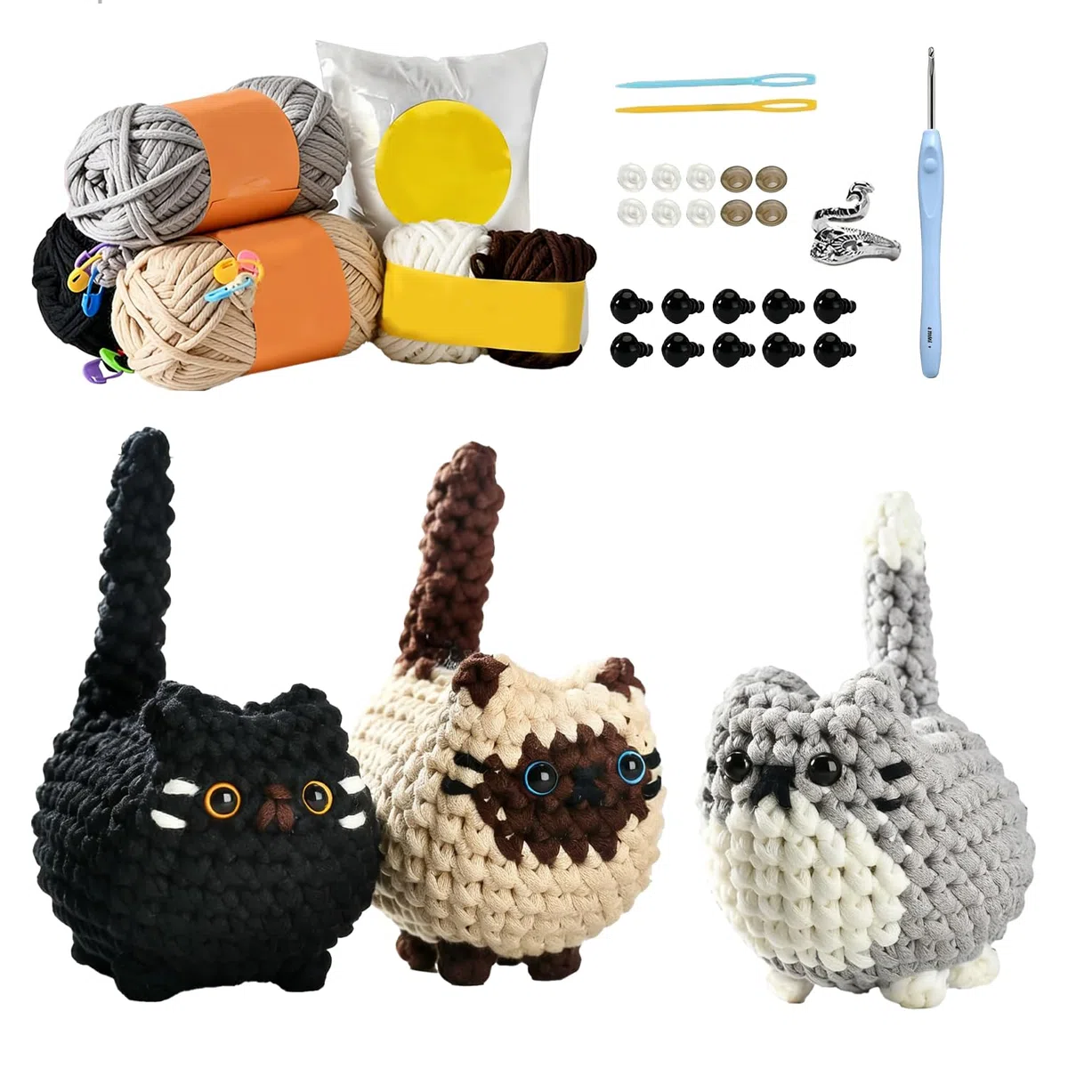 Kit Uncinetto Principianti,Kit Uncinetto con Animaux Adorables,Amigurumi Kit,DIY Set Uncinetti con Istruzioni Video Passo Passo,Regalo Perfetto per gli Appassionati di Maglieria - Tre Piccoli Gattini