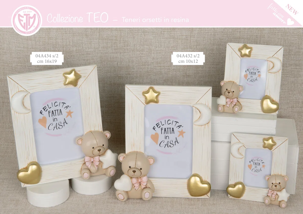Bomboniere TEO Orso 2025 Idee Regalo Nascite Battesimi e Compleanni (Rosa, 1 PZ Portafoto Cornice TEO Orso 16x19 cm 2 Ass.) x Foto 8x12,5 cm