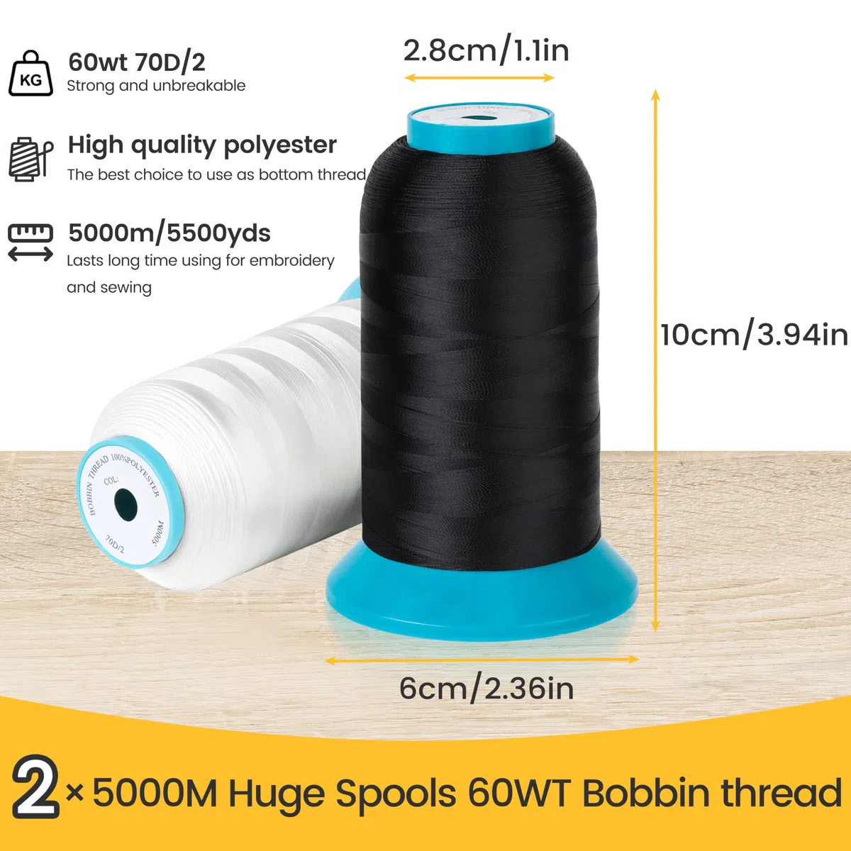 New brothread Set di 2 (Nero+Bianco) 5000M Grande Bobina Filo della bobina/Filato per Spolette per Ricamo e Cucire