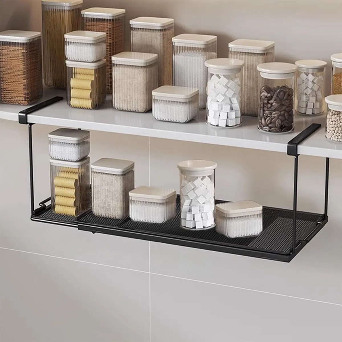 Organizer espandibile sotto gli armadietti, cestino sotto la mensola, organizer dispensa multifunzionale,da 38 a 70 cm, per riporre in cucina, camera da letto e ufficio(Nero)
