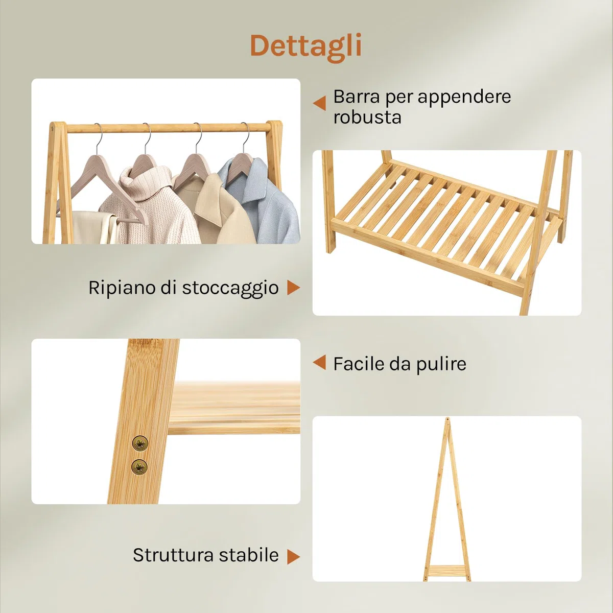 WOLTU Appendiabiti da Terra in Bambù, Attaccapanni Autoportante con Ripiano Inferiore, per Vestiti Cappelli Borse, Ingresso, Camera da Letto, Corridoio