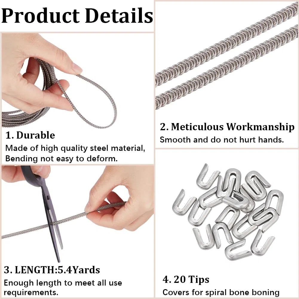 GORGECRAFT 5m*4mm Stecca per Corsetto A Spirale in Metallo con 20 Punte per Osso A Spirale in Acciaio Inossidabile Coperture per Filo A Spirale Soggiorni per Stecche Set Struttura e Forma