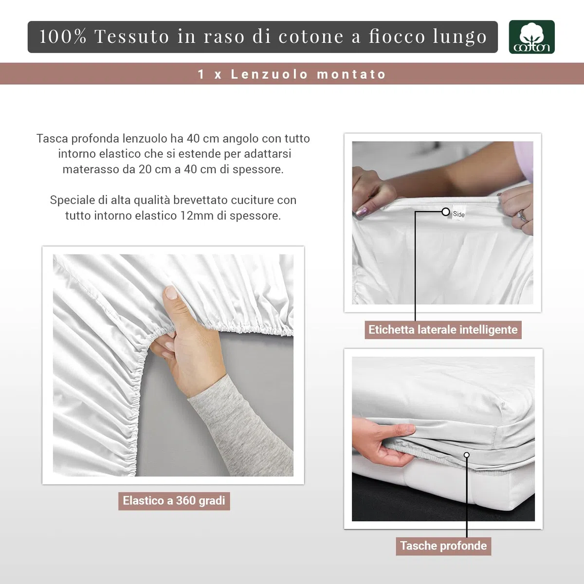 Pizuna Lenzuolo con angoli Singolo Cotone 90x200 cm Bianco,400 fili con Sateen 100% Cotone a fiocco lungo lenzuolo coprimaterasso con tasca profonda 40 cm (Biancheria De Letto Bianco)