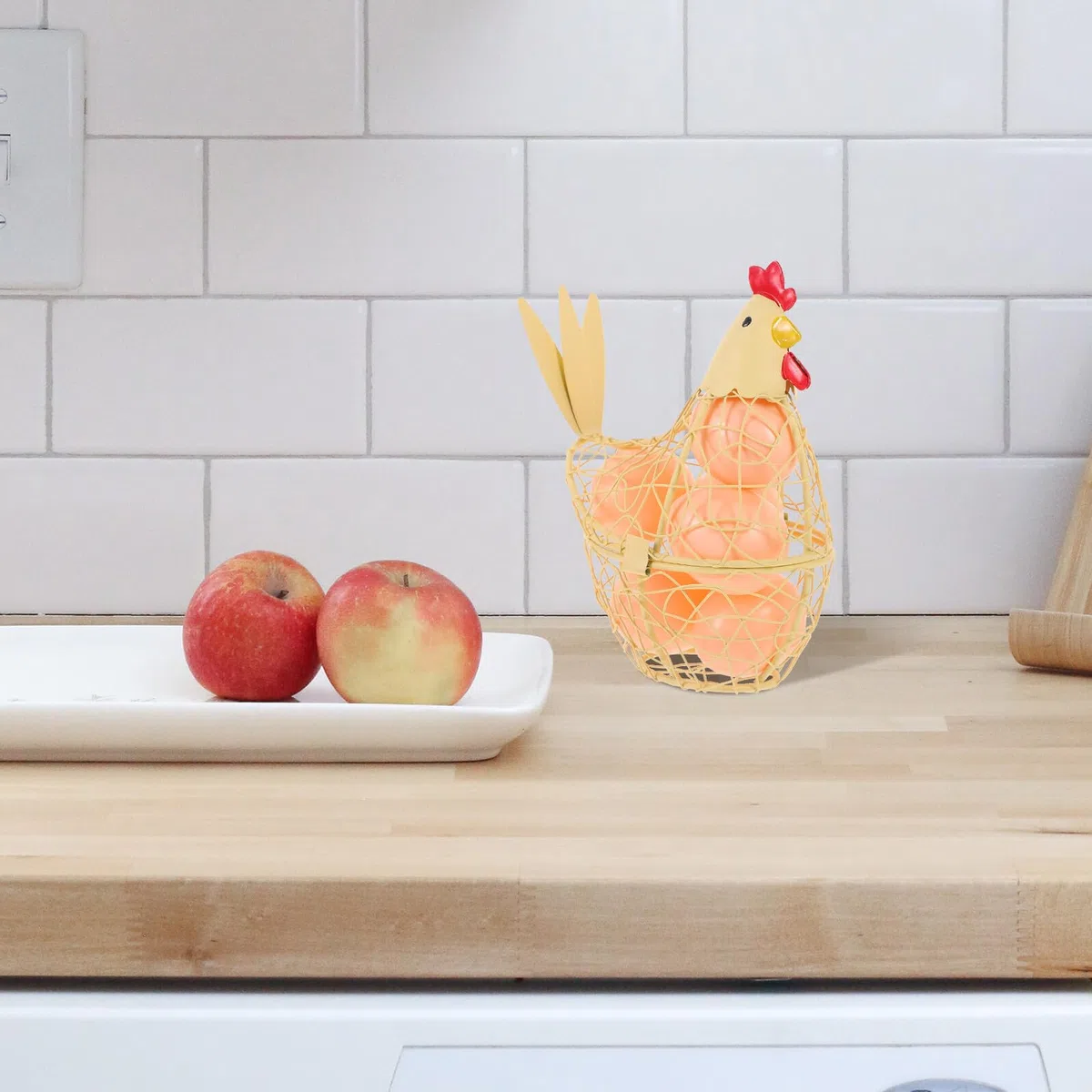 Cesto Design Decorativo Porta Uova in Ferro Giallo a Forma di Gallina Multiuso per Conservazione Uova per Festa e Buffet