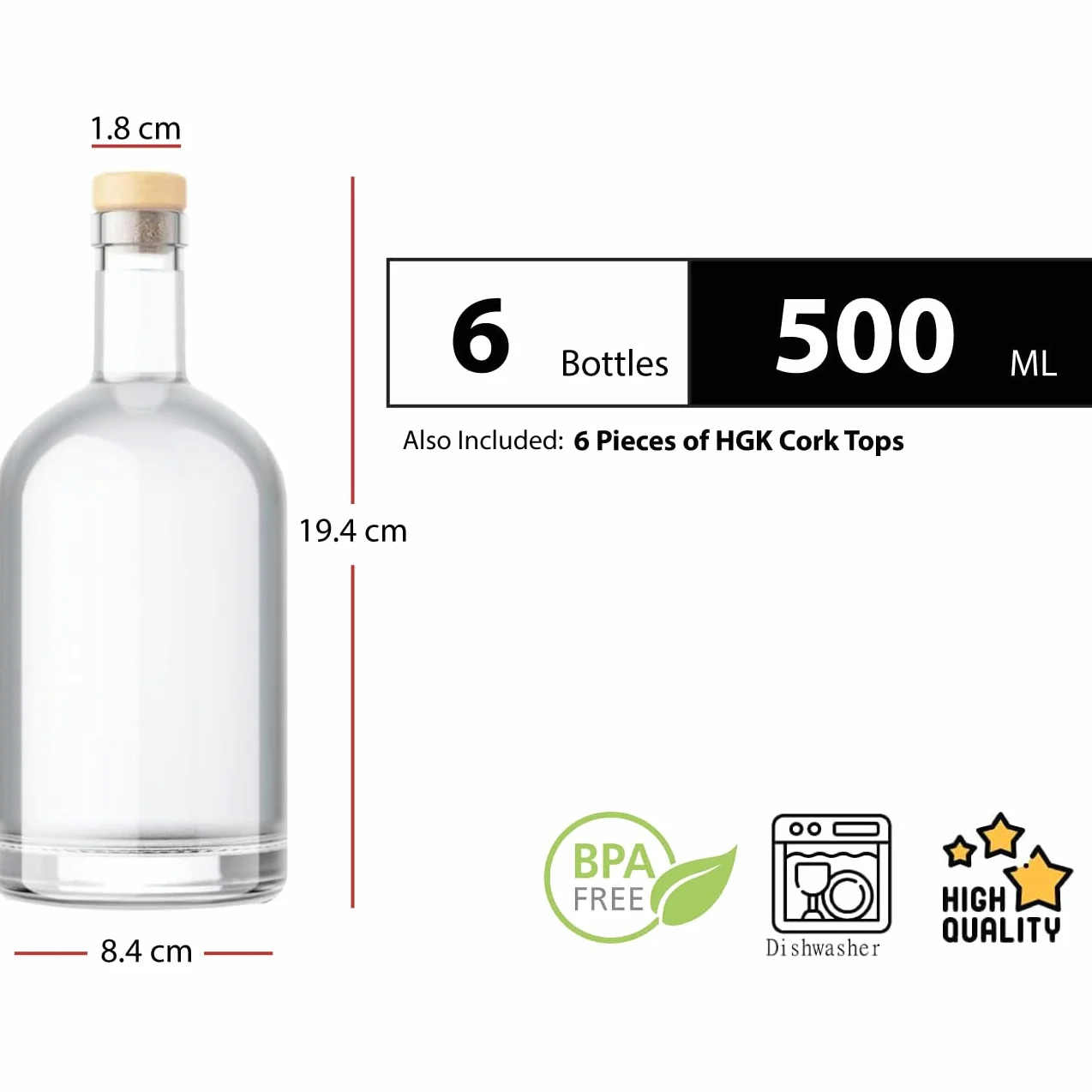 6 Bottiglie Vetro 500ml per Liquore – 500 ml, Limoncello, Amari, Distillati – Vuote Fatte in Casa Eleganti, Tappo Plastica Ermetico