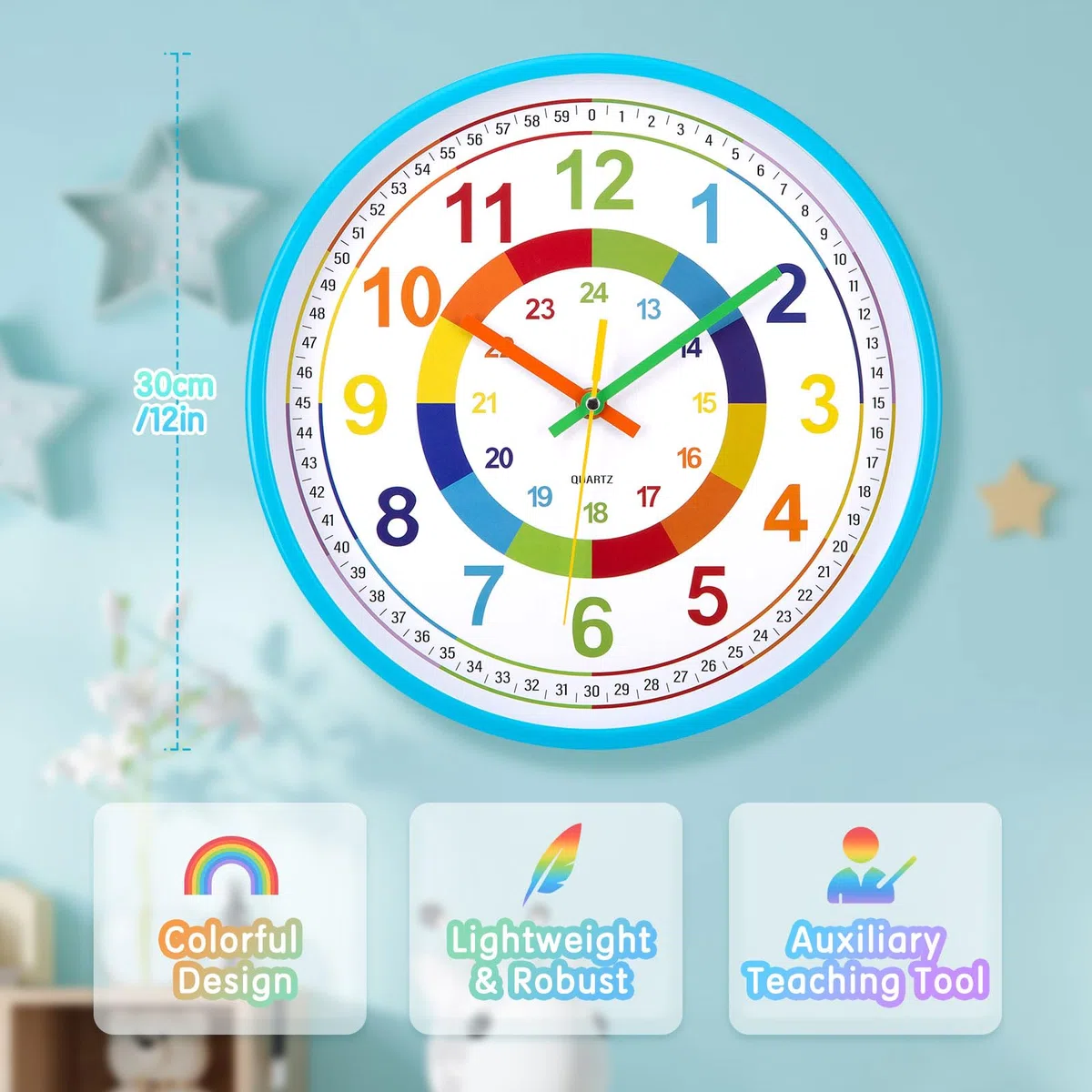Orologio da Parete Educativo per Bambini Orologio da Muro Silenzioso Orologio per la Camera da Letto, Adatto per la Scuola 30 cm