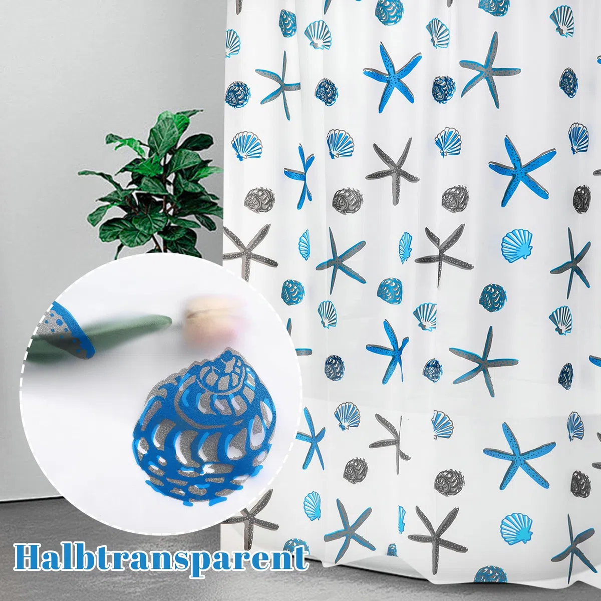 Tenda da doccia trasparente 100 x 200 cm per vasca da bagno, antimuffa, impermeabile, tenda da bagno in PEVA bianco blu con ganci