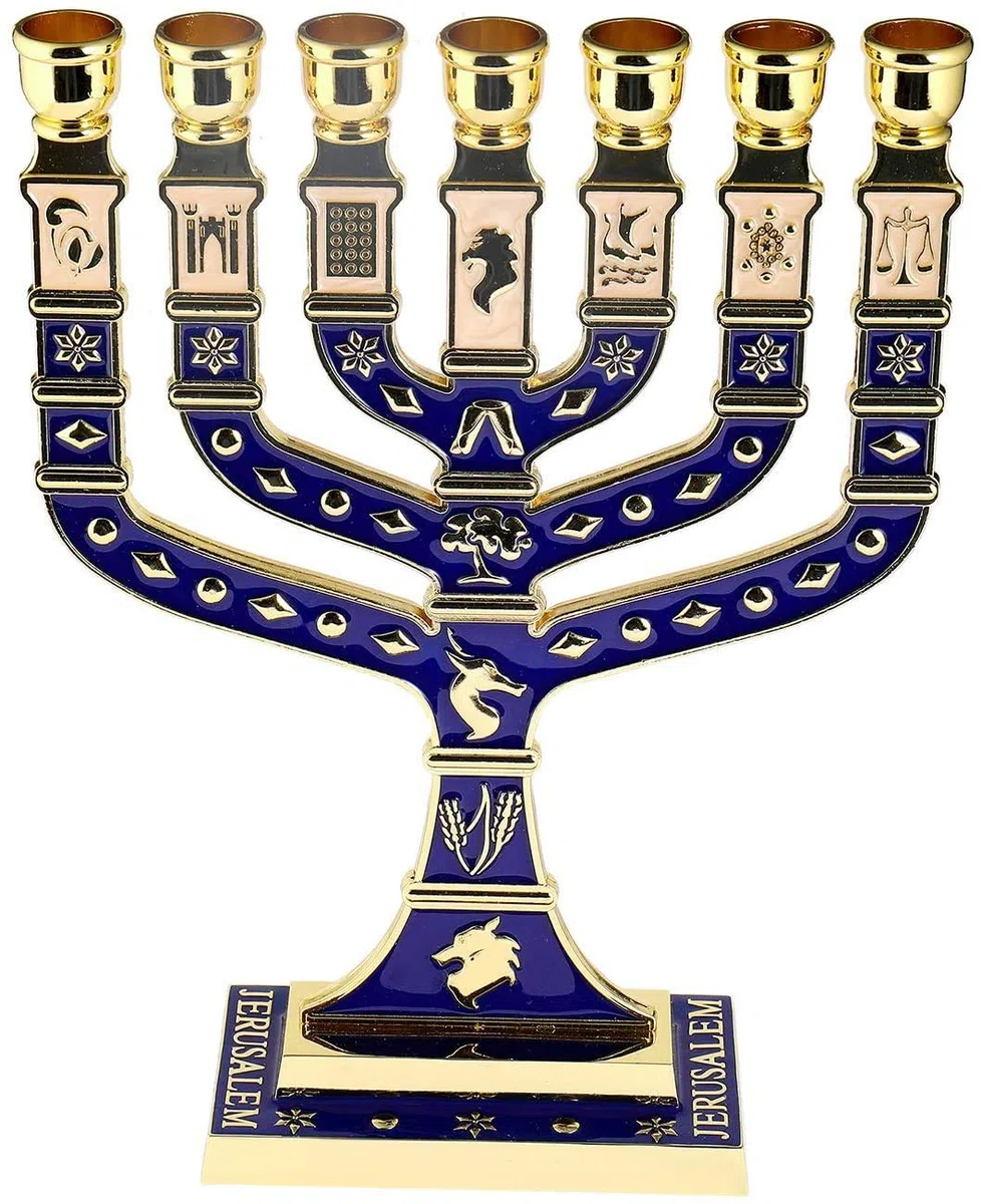 BRTAGG Menorah Candeliere ebraico, 12 tribù d'Israele, 7 rami, altezza 27 cm