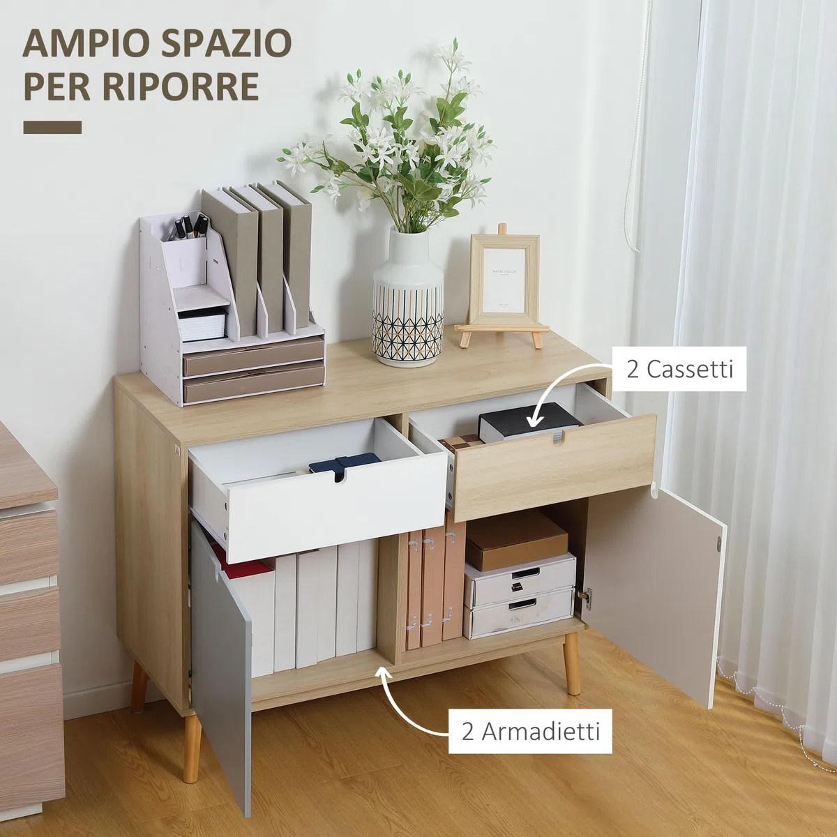 HOMCOM Mobiletto Multiuso Stile Nordico, Armadietto Due Ante con Cassetti per Cucina e Ingresso, 100x40x79.5cm, Multicolore