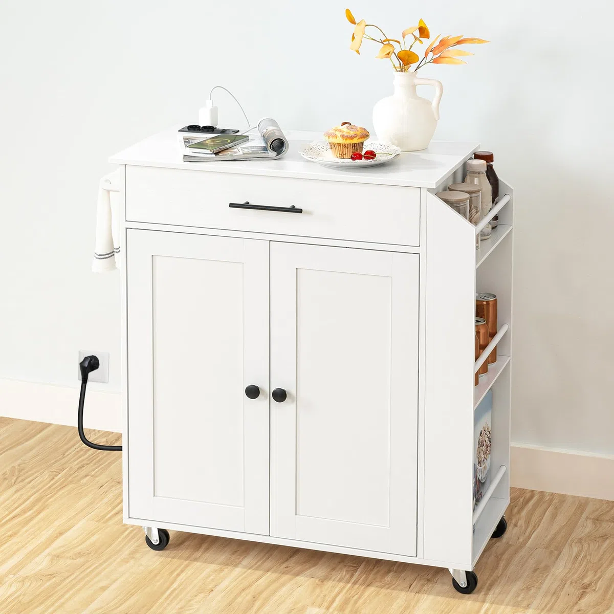 HOOBRO Isola Cucina con Prese Elettriche, Carrello da Cucina con Cassetti e Porta Spezie, 80,8 x 38 x 86 cm, Bianco EWT82CZD01