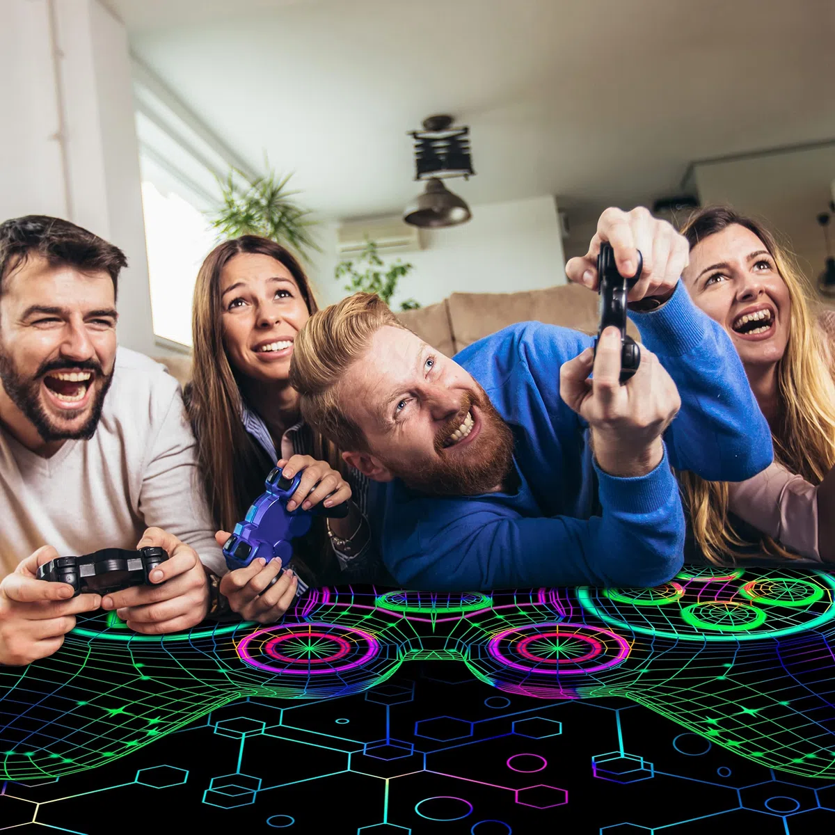 HOLAVIDA Tappeto per Giochi Neon, 3D Tappeto Reattivo ai Raggi UV del Controller di Gioco, Tappetino Fluorescente Antiscivolo per Pavimenti, Decorazione per la Sala Giochi dei Bambini, 180x120cm