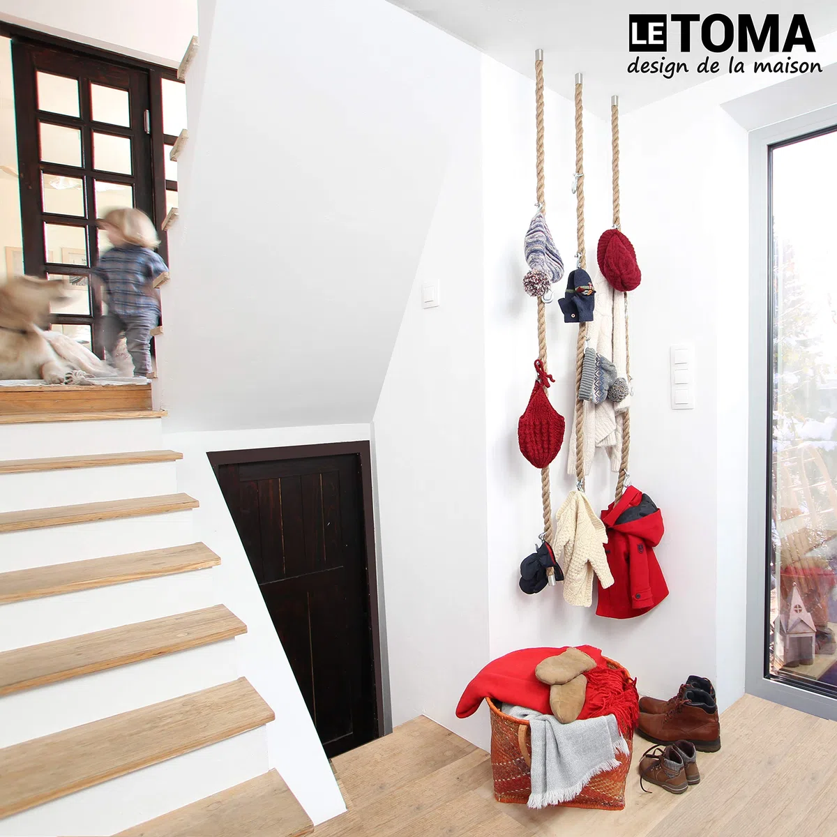Guardaroba in corda di juta con ganci in metallo per appendere al soffitto, parete in design industriale - pratico, salvaspazio - 1x corda de 160 cm e 5 robusti ganci per gru in acciaio