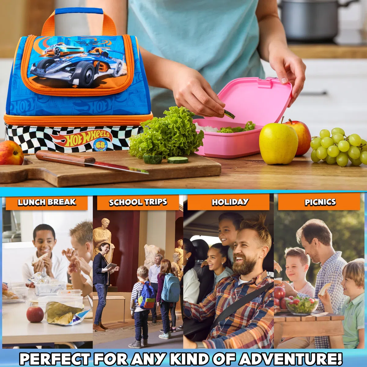 Get Trend Hot Wheels Borsa Porta Pranzo Bambini Adolescenti Adulti Isolato Porta Pranzo con Scomparti Porta Merenda per Picnic Lavoro Scolastico (Blu Hot Wheels)