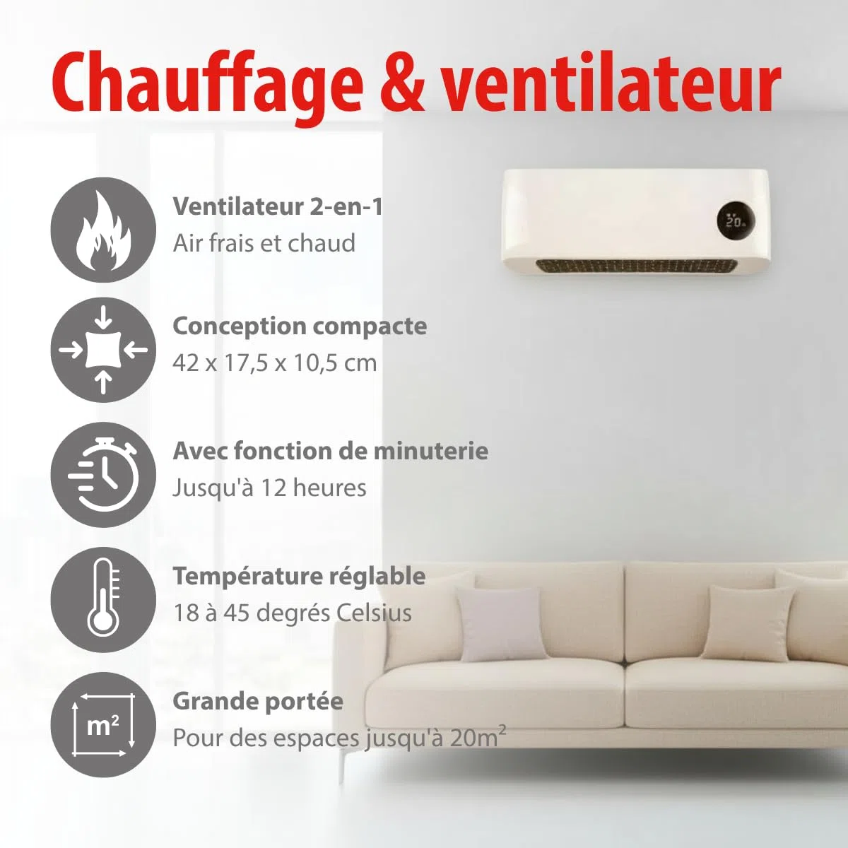 alpina Termoventilatore da parete 2000 W, in ceramica, con 2 livelli di potenza e timer, termostato digitale