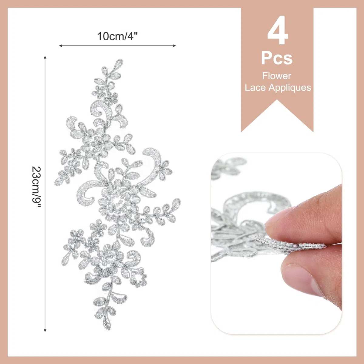 Sourcing map 4 Pezzi di Applique in Pizzo a Fiore 3D Ricamate, Toppe in Pizzo per Cucito, Aggiunte per Abito da Sposa, Abbigliamento Fai da Te, Accessori per Decorazioni, Argento (23 cm)