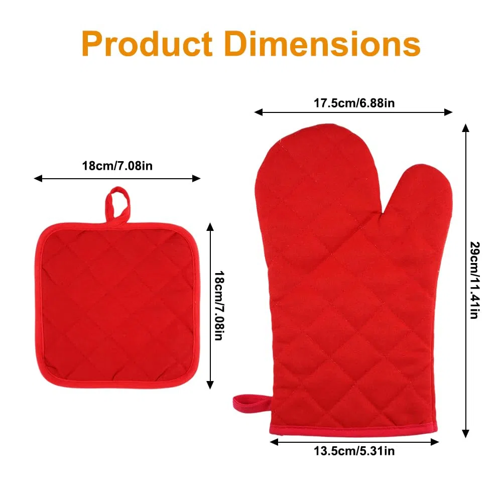 Set di 4 Guanti da Forno e presine, guanti da forno resistenti al calore e antiscivolo, Morbido Guanto Forno, in Morbido Cotone per Cucinare, Grigliare, Cuocere al Forno, Barbecue, Microonde (rosso)