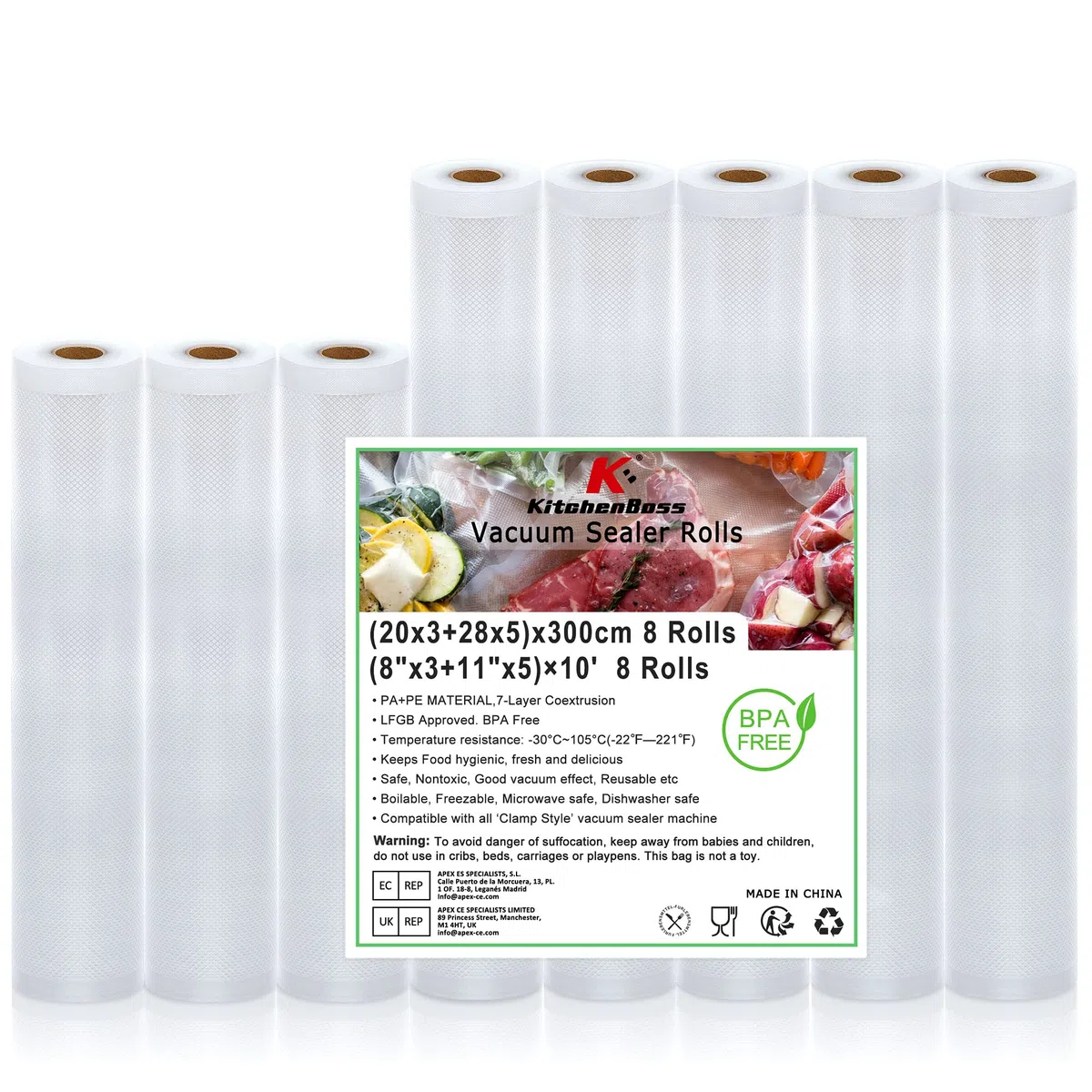 KitchenBoss Sacchetti Sottovuoto per Alimenti：Rotoli Sottovuoto Alimenti Goffrati, Buste Sottovuoto Alimenti senza BPA per Macchina Sottovuoto e Cottura Sous Vide, 8 Rotoli 20x3/28x5/x300cm