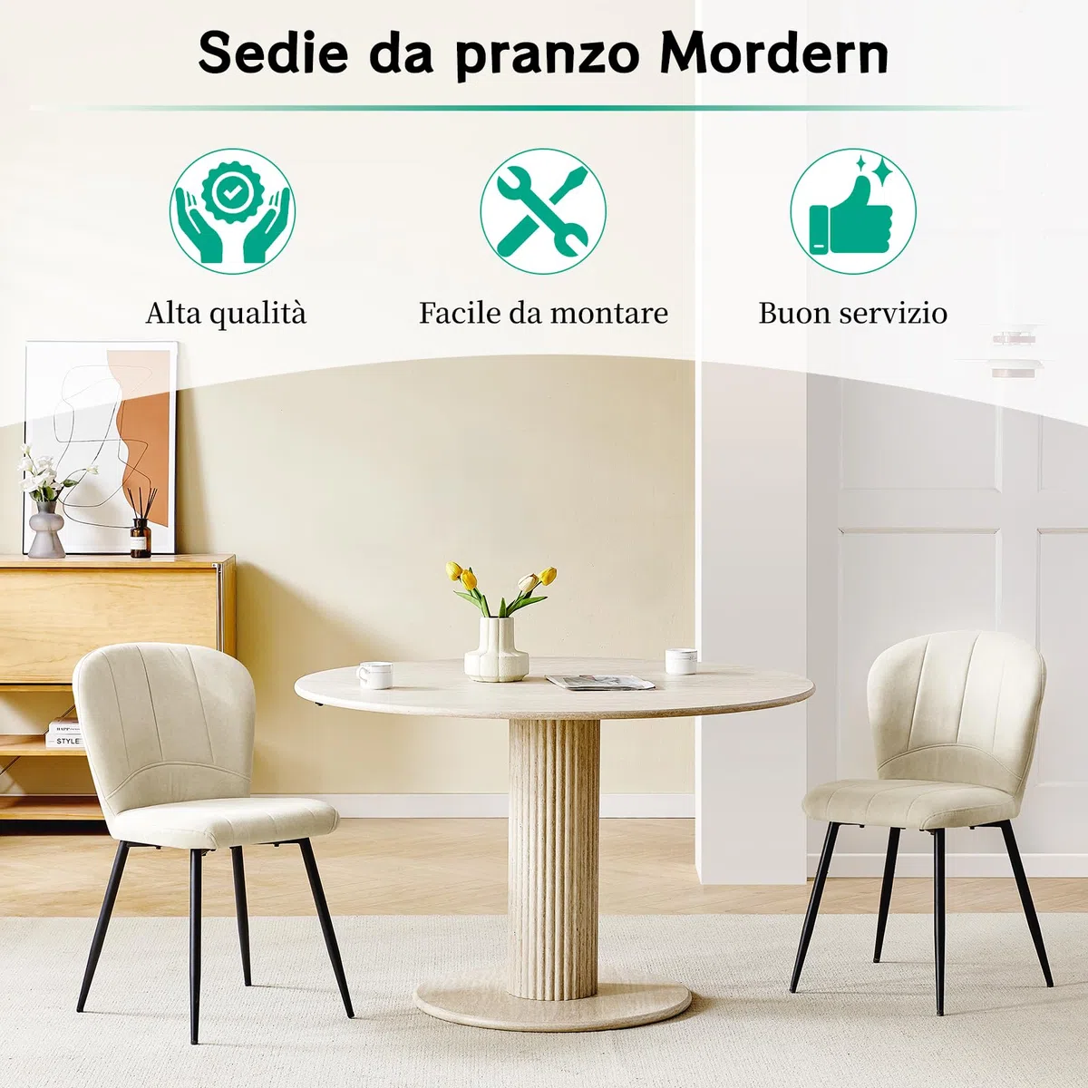 WAFTING Set di 4 Sedie da Pranzo, Sedia a Forma di Conchiglia in Ciniglia e Gambe in Metallo, Comfort Moderno per la Casa e l'Ufficio, Beige