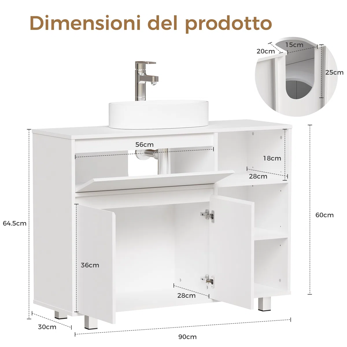 BEWISHOME Mobile Sottolavabo per Bagno,Mobile da Bagno, 1 vano Portaoggetti Nascosto, 2 Ante, 3 Ripiani Regolabili Aperti, con Gambe, 90 x 64.5 x 30 cm, Bianco EYSG02W