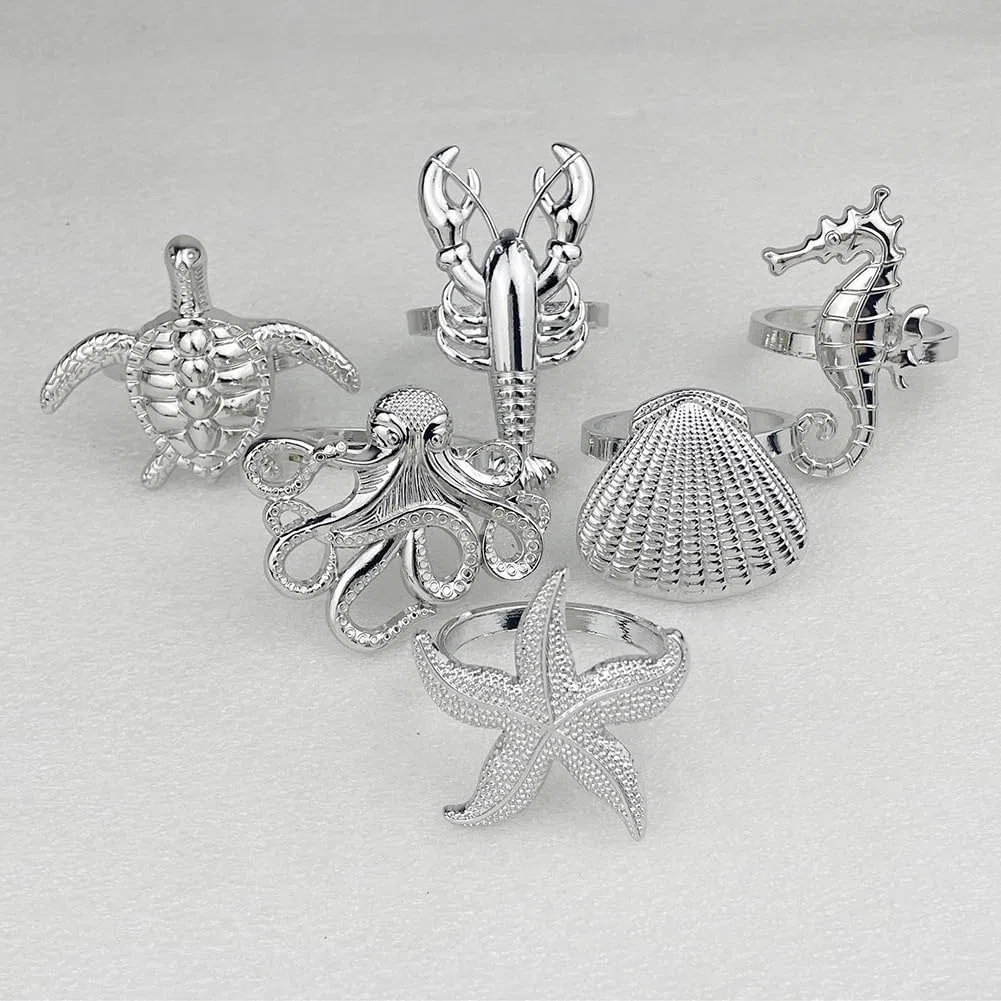 Maritim - Tovaglioli decorativi in metallo, 6 pezzi, motivo: animali marini (argento)