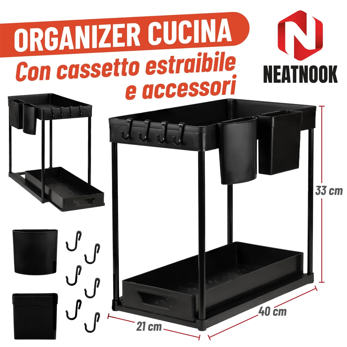 Generico Organizer Sottolavello Cucina Bagno con Cassetti Estraibili, Porta Detergenti e Accessori, Scaffale Salvaspazio Multiuso, Struttura Robusta, Facile da Montare, Design Moderno