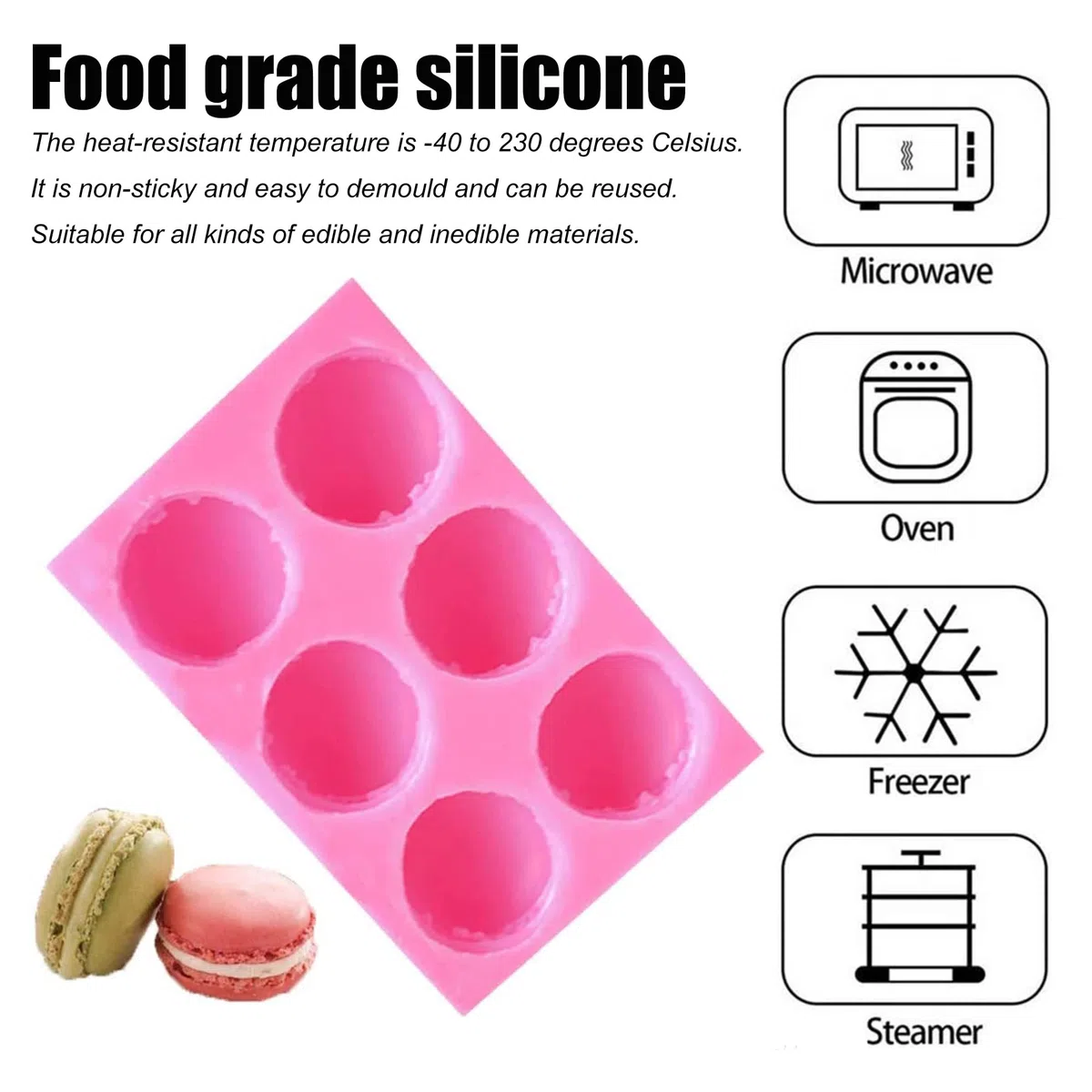 UYST Stampo in silicone Macarons 6 Fori Macaron Stampo Macaron Stampo in Silicone fai da te 12.5 x 8.5 x 2.2 cm per fai da te torte sapone lozione bomba da bagno candele cioccolato argilla polimerica