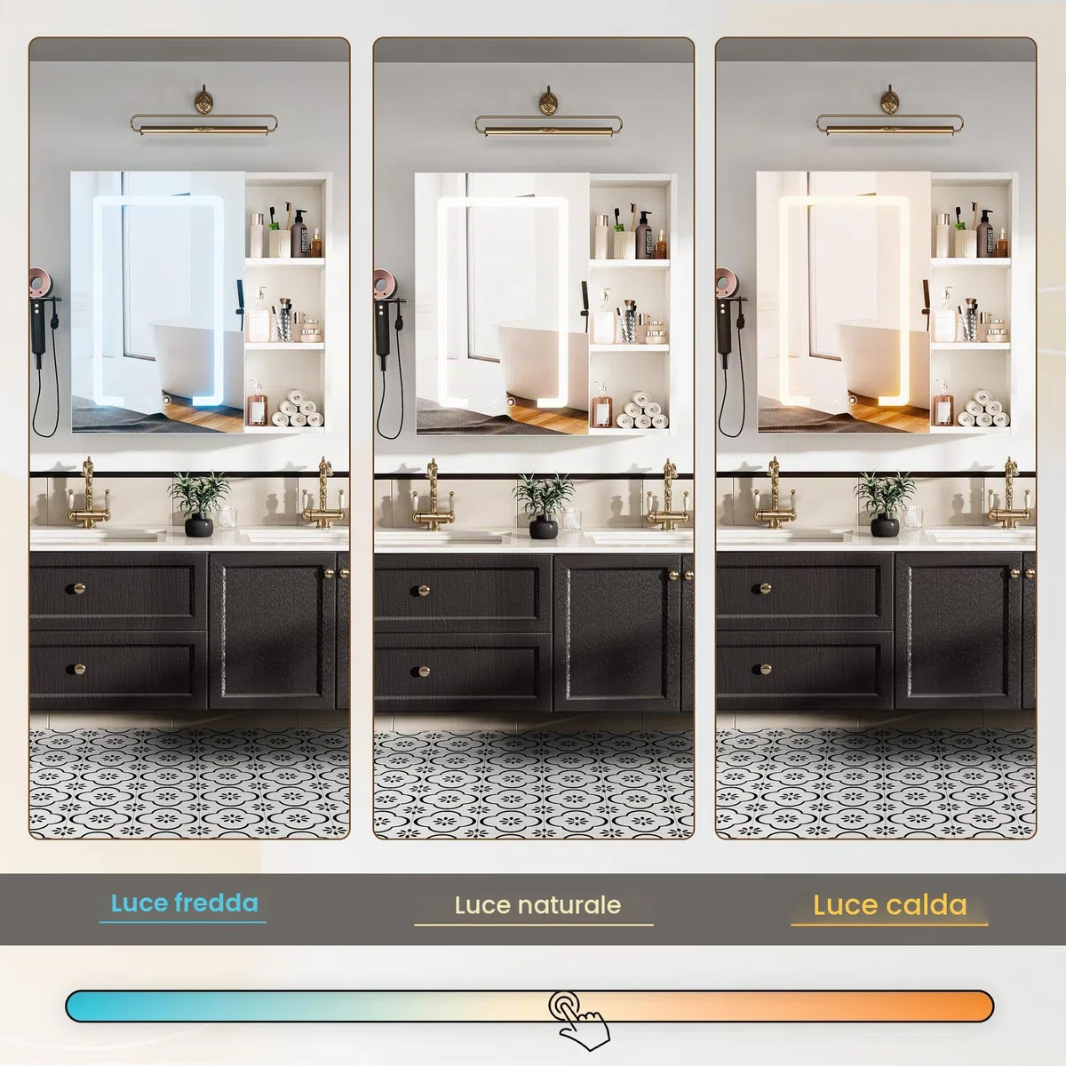 Specchio Bagno Contenitore con 3 Colori Luce, Armadio Specchio Bagno con Deumidificazione con 1 Tocco e Funzione di Memoria & con Mensola Regolabile(60x60x15 cm,Bianco)