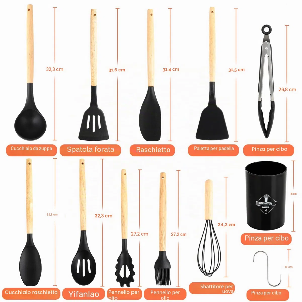 Utensili Cucina Silicone, set di 22 utensili cucina senza BPA, manico in legno, antiaderenti, resistenti al calore, con 10 ganci, nero