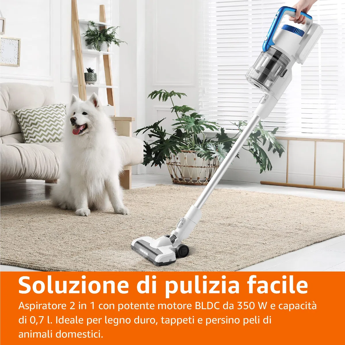 Amazon Basics Aspirapolvere senza fili 2 in 1 con motore BLDC da 350W, filtro HEPA e batteria ricaricabile, 0.7L, Bianco E Blu