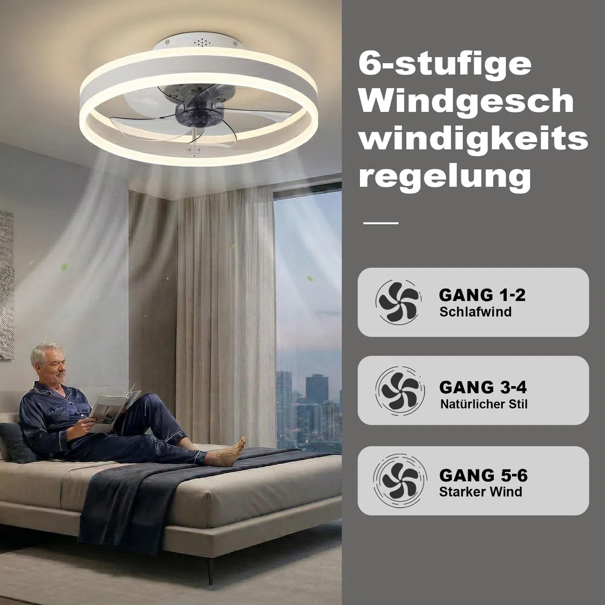 DATO Ventilatore da soffitto con luce, 3 temperature di colore e 6 velocità, controllo tramite app/telecomando, silenzioso, dimmerabile (Bianco, 50CM)