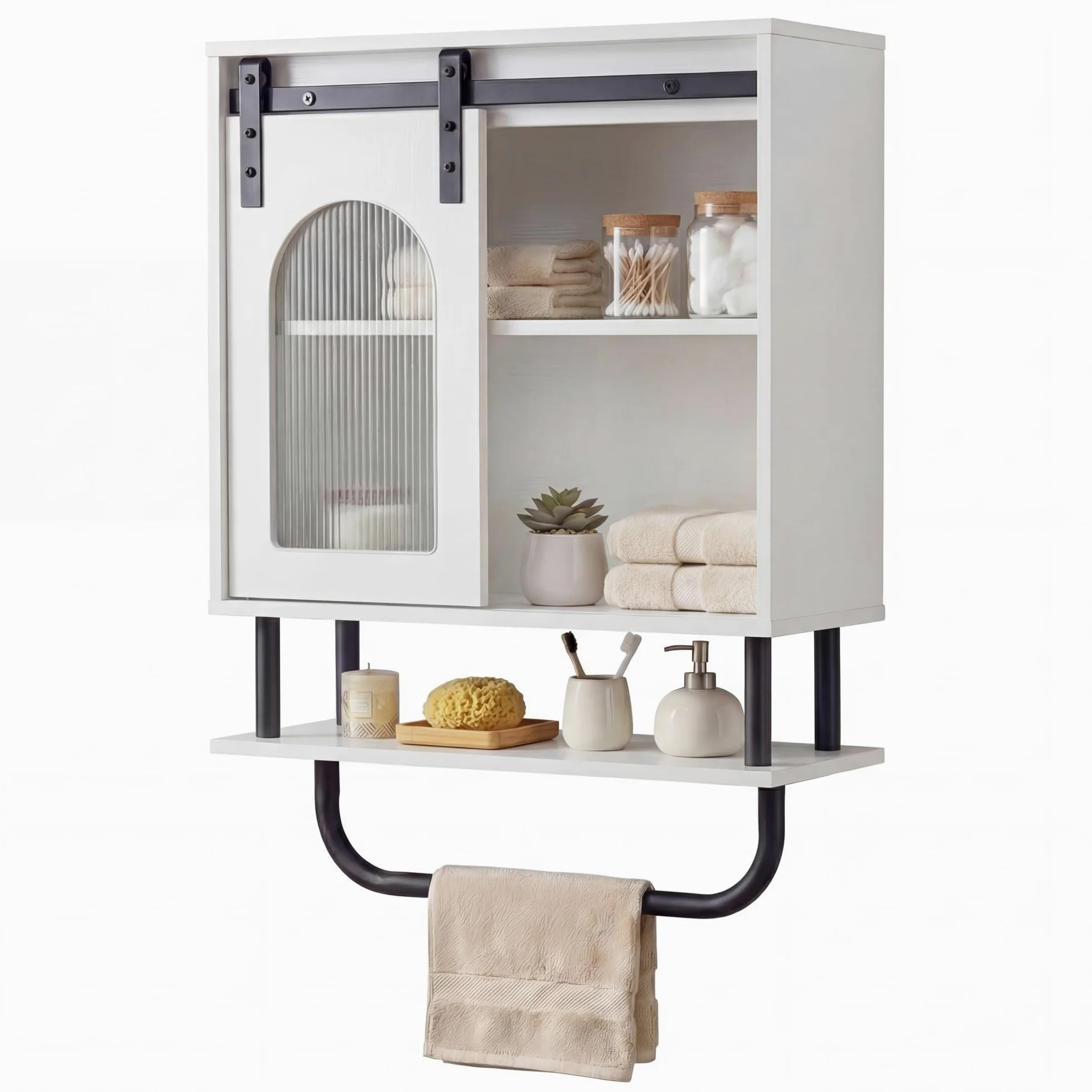 LIFEZEAL Armadio a Parete per Bagno, Armadio con Porta Asciugamani e Scomparto Aperto, Mobile Sospeso per Bagno, Cucina, Soggiorno, 50 x 20 x 70 cm (Bianco)
