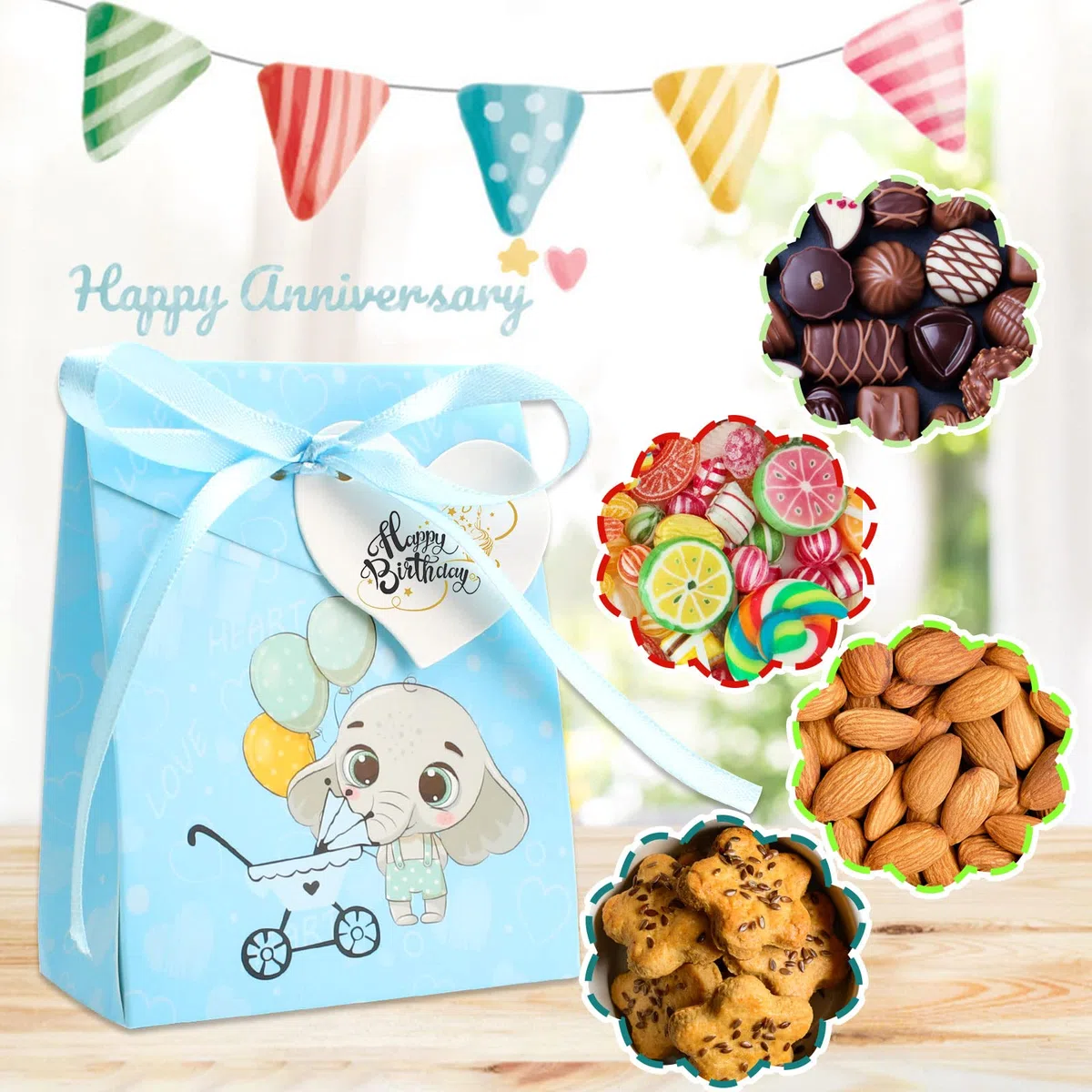 50 Pezzi Scatoline Bomboniere Battesimo, Elefante Blu Portaconfetti Nascita Bambino, Carta Regalo Decorazione Confetti con L'amore Bigliettini e Nastro per Festa Battesimo Compleanno Matrimonio