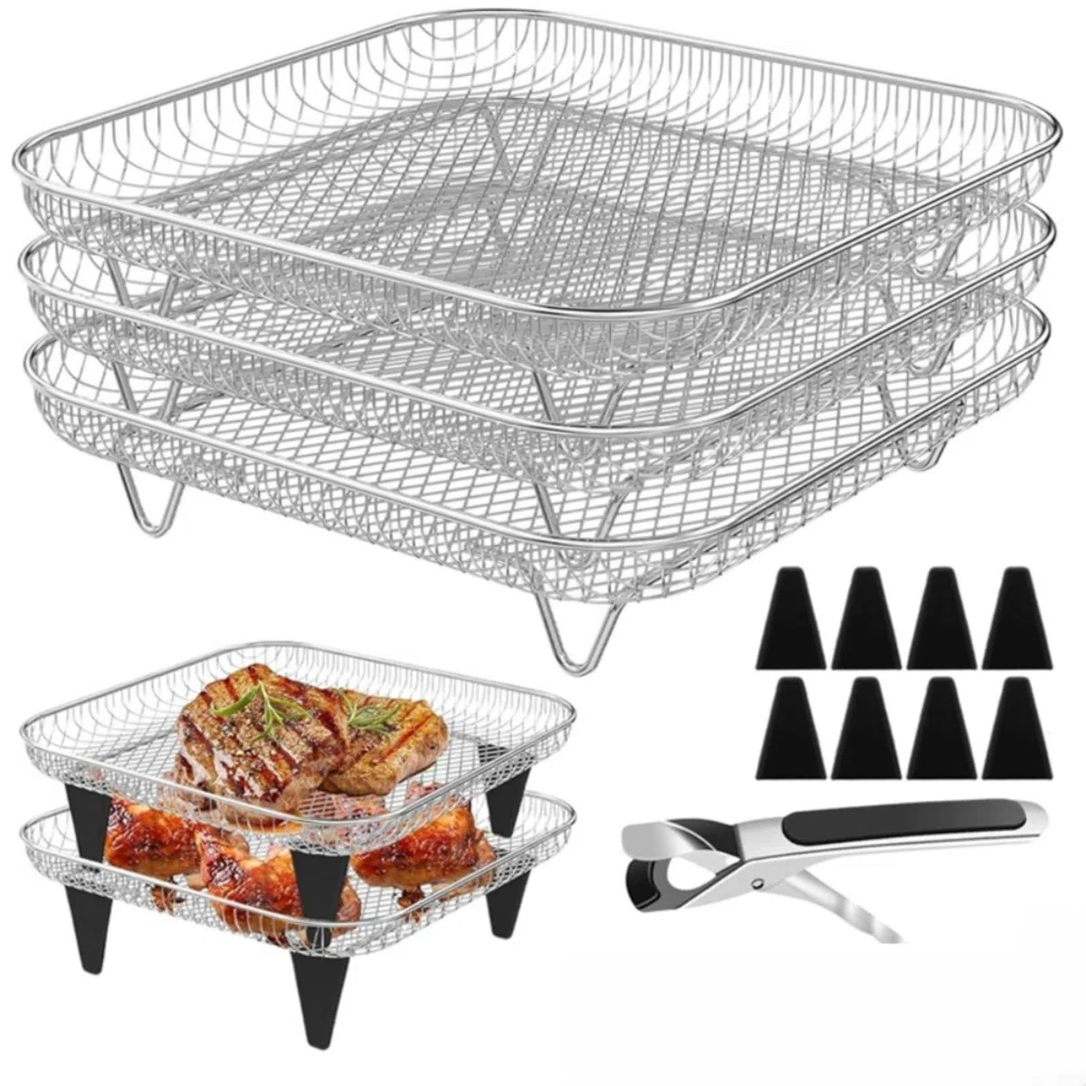Griglia per friggitrice ad aria in acciaio inox a 3 livelli, 20,3 cm, impilabile, con pinze, da cucina, argento