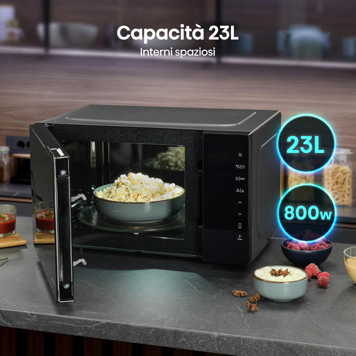 Hisense Microonde H23MOBS5H4, cavità 23L, apertura porta a sinistra, display LED touch, 8 funzioni, 800W