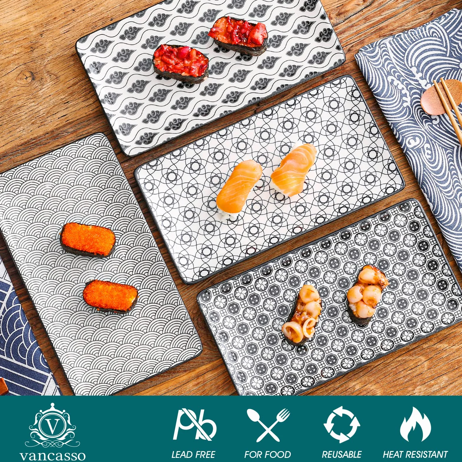 vancasso Haruka Piatti da Portata Rettangolari, 26,8 cm - Servizio Piatti Giapponese per Sushi in Porcellana, Piatti da Portata per Dessert, Antipasti, Sushi e Insalata, Set di Piatti da 4