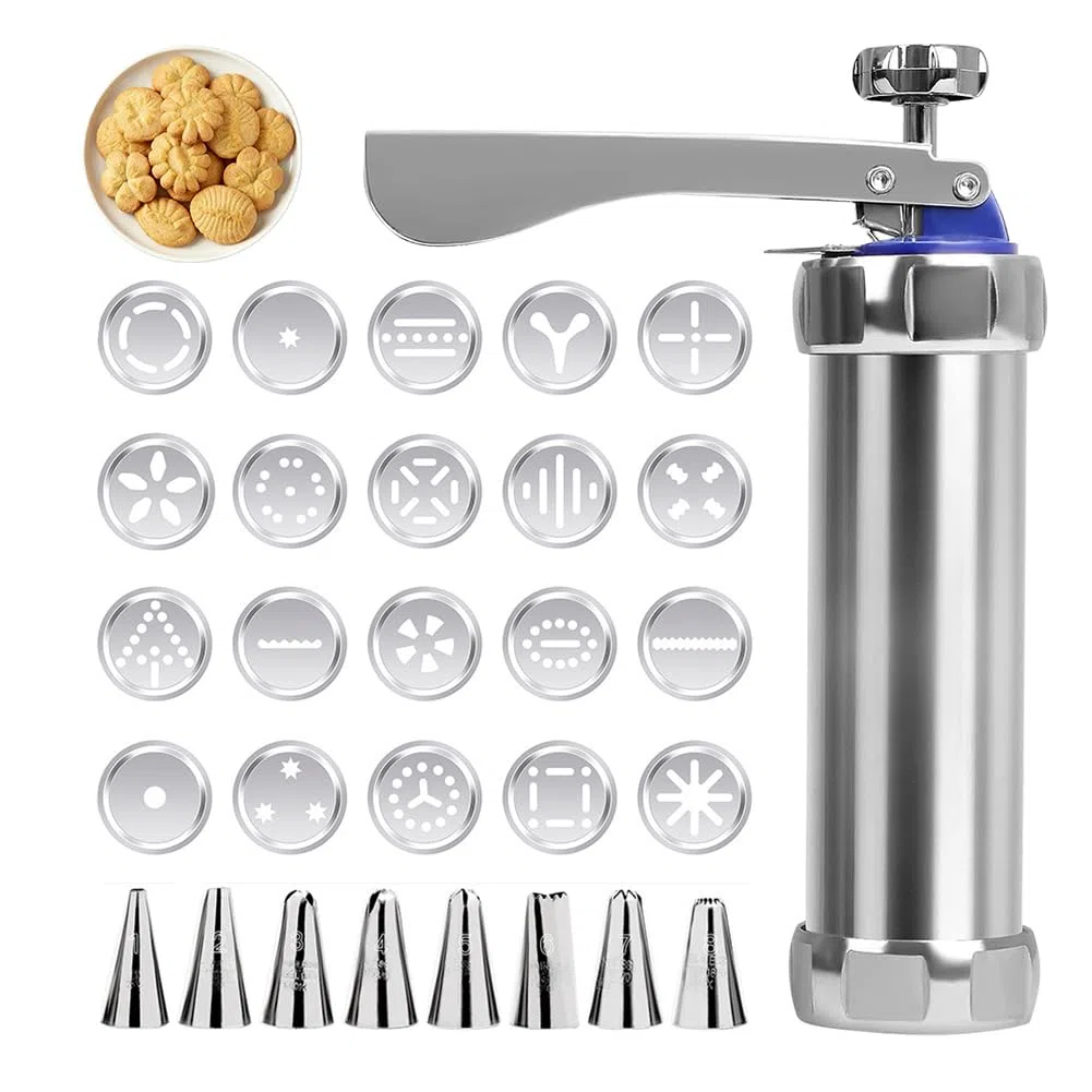 Pressa per pasticceria con 20 stencil e 8 beccucci in acciaio inox, pressa per pasticceria, macchina da cucina, macchina per biscotti fai da te