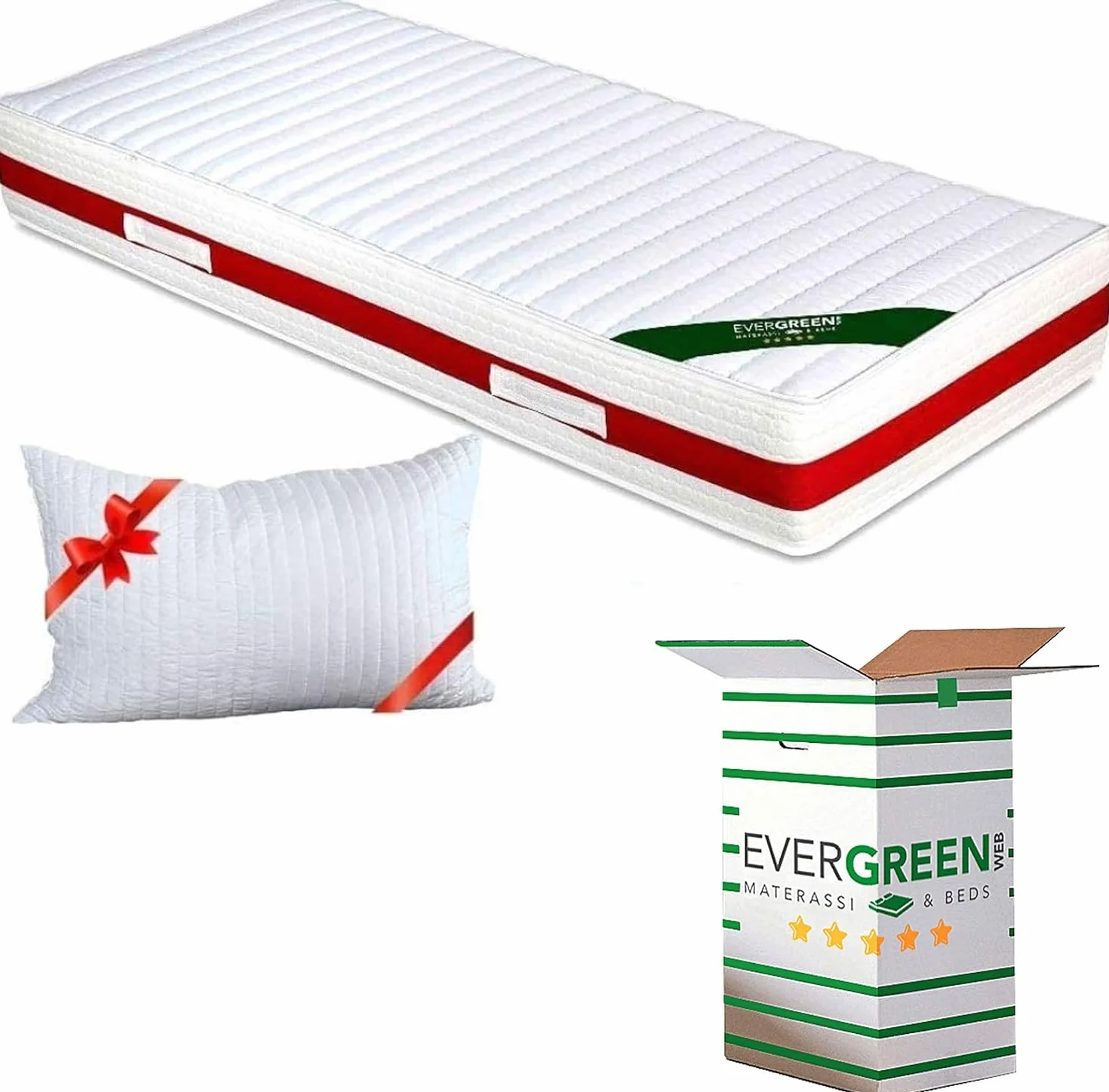 EVERGREENWEB Materasso Singolo 80x190 in Memory Foam & Waterfoam Ortopedico Alto 22 cm con Cuscino Letto Gratis Lastra Massaggiante, Rivestimento Bianco SFODERABILE per Reti e Letti