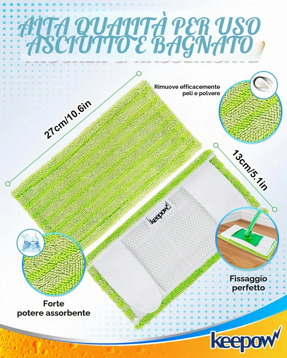 KEEPOW Panni Lavapavimenti per Swiffer Sweeper Scopa, Straccio Lavapavimenti Panni Umidi, Microfibra Lavabili Pavimenti, 6 Pezzi