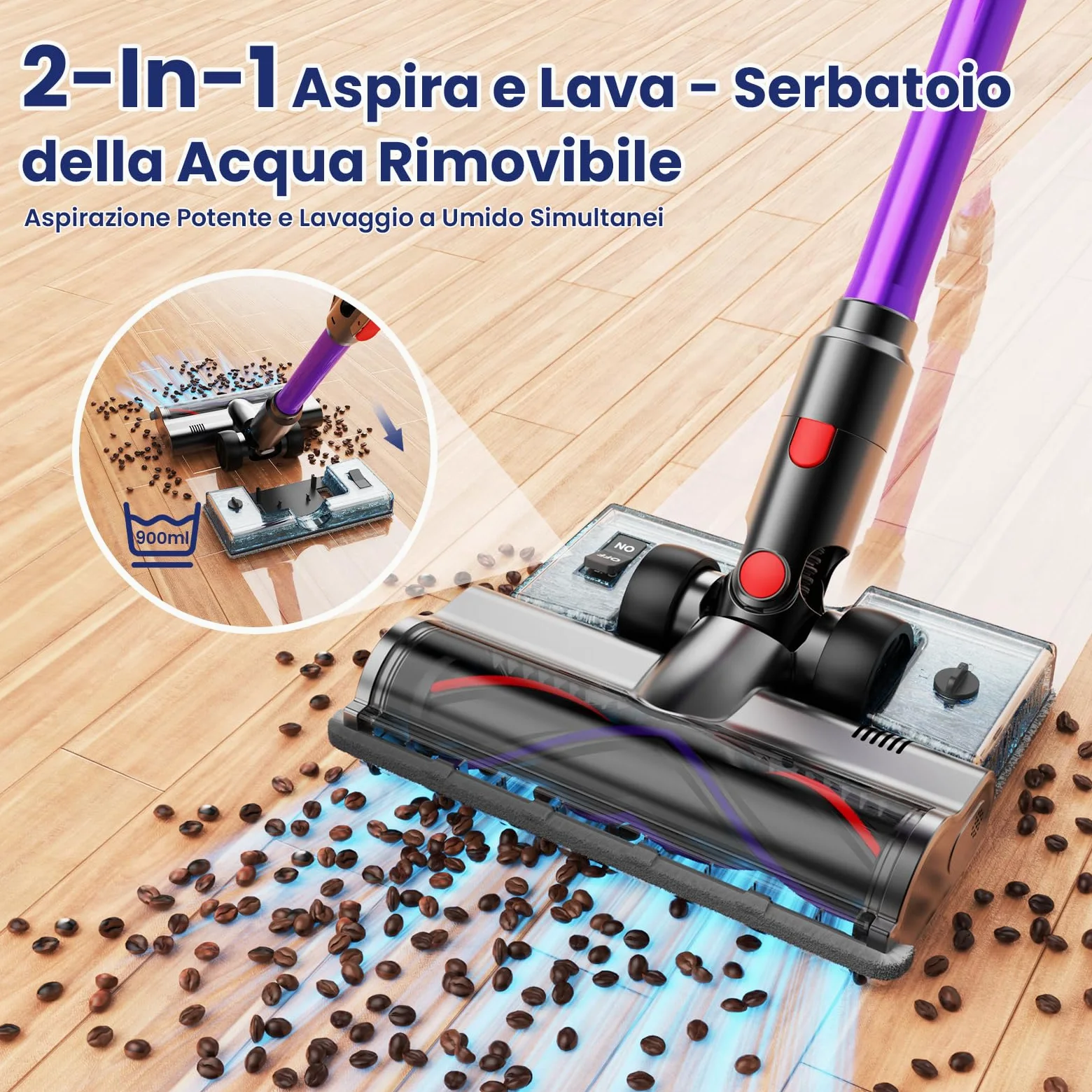 A12 Aspirapolvere Senza Fili 50KPa, 600W, 70Min, Aspirapolvere Scopa con Serbatoio Acqua Rimovibile, Display LED Touch, Spazzola Anti-Groviglio, Pieghevole, per Tappeti, Auto e Cappelli Animali