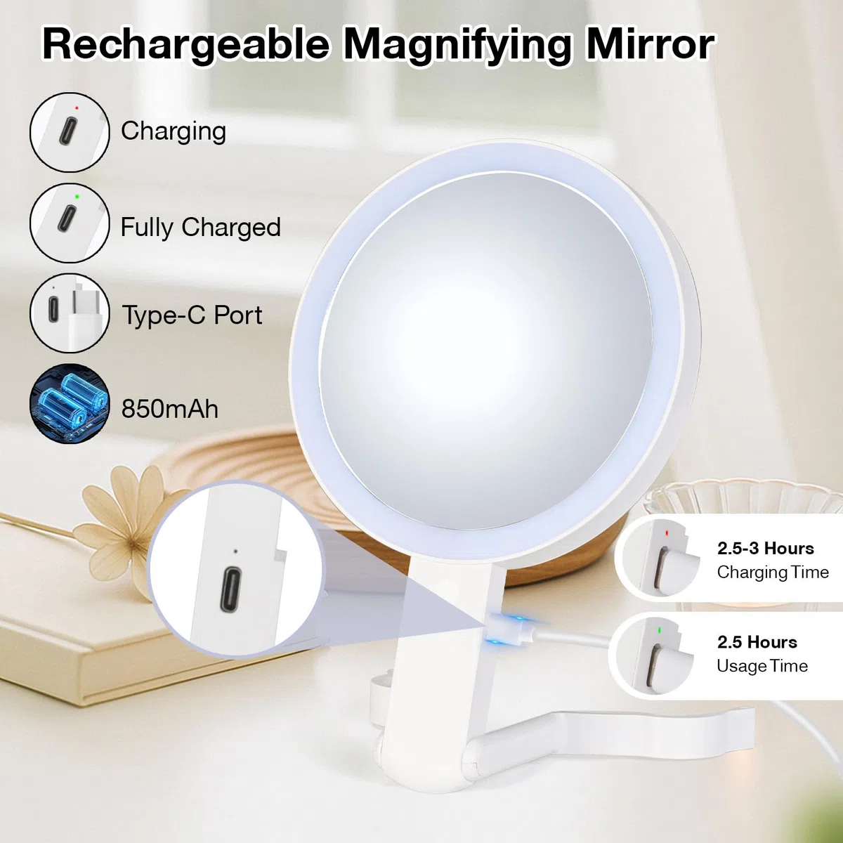VINATO Specchio Make-up Pieghevole con Ingrandimento 10X e Luci LED, Specchio Doppia Faccia con 3 Modalità di Luce, Specchio Portatile per Casa, Bagno e Viaggi