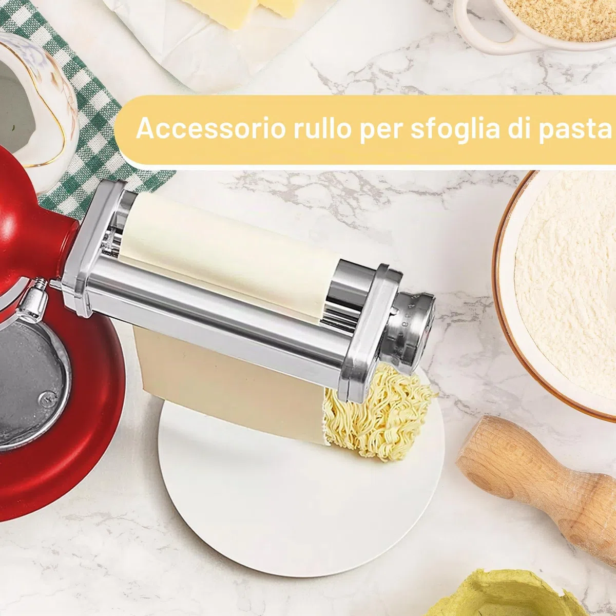 Inserto per pasta in acciaio inox 304, adatto per robot da cucina Kenwood, accessori per pasta con manopola girevole, 8 spessori regolabili, rullo per pasta Kenwood accessori Kmix, argento